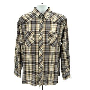 Vintage Wrangler Wrangler Shirts Pearl Snap Button Plaid Tan Gray Brown Mens M-L